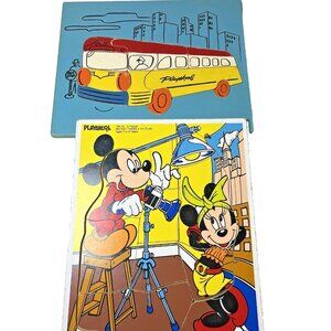 Lot of 2 Vintage Playskool Wood Puzzles Disney Mickey Mouse & Bus